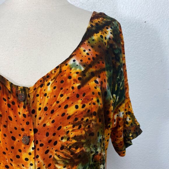 Vintage Womans Midi Dress Medium  Rayon Orange Tie-Dye Boho Peasant Y2K Festival - Picture 4 of 10